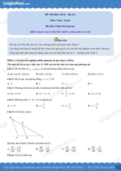 Đề thi học kì 2 Toán 8 Chân trời sáng tạo - Đề số 6